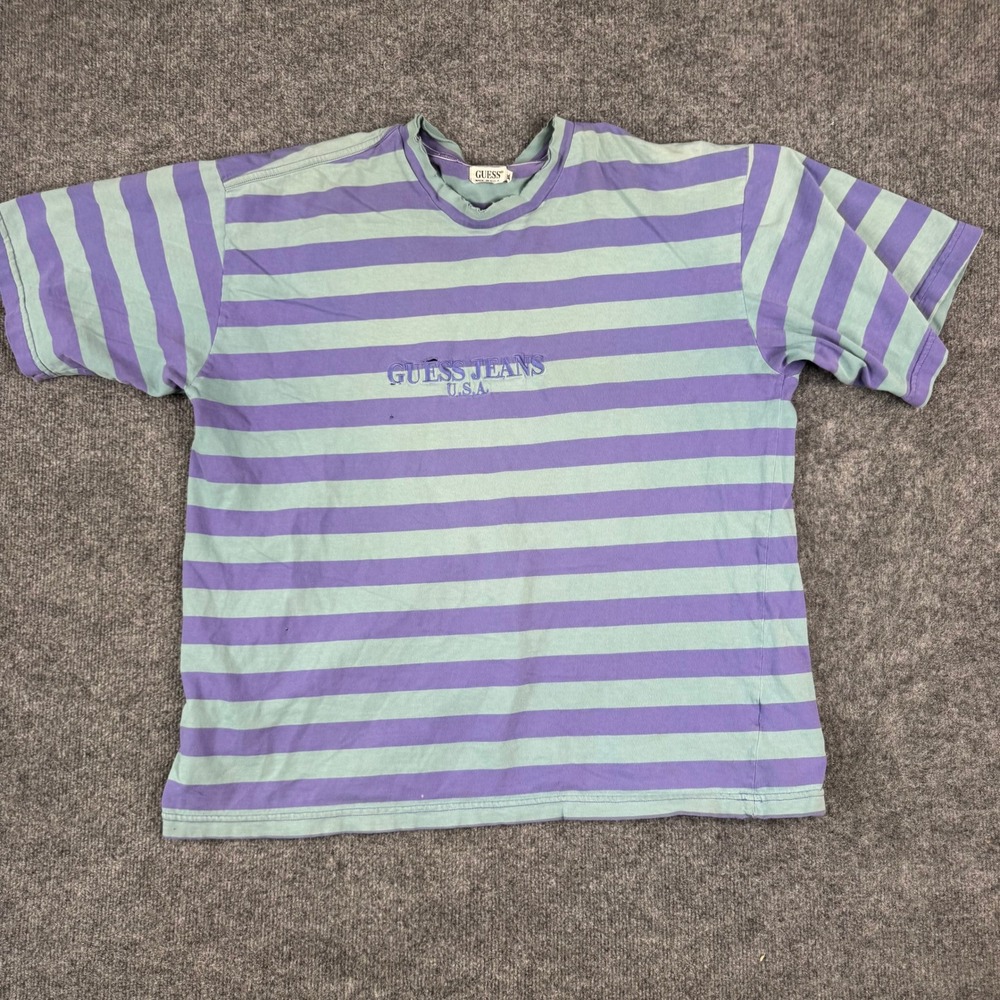 Guess T-Shirt Mens Size XL Purple Green Striped Vintage Made in USA Distressed